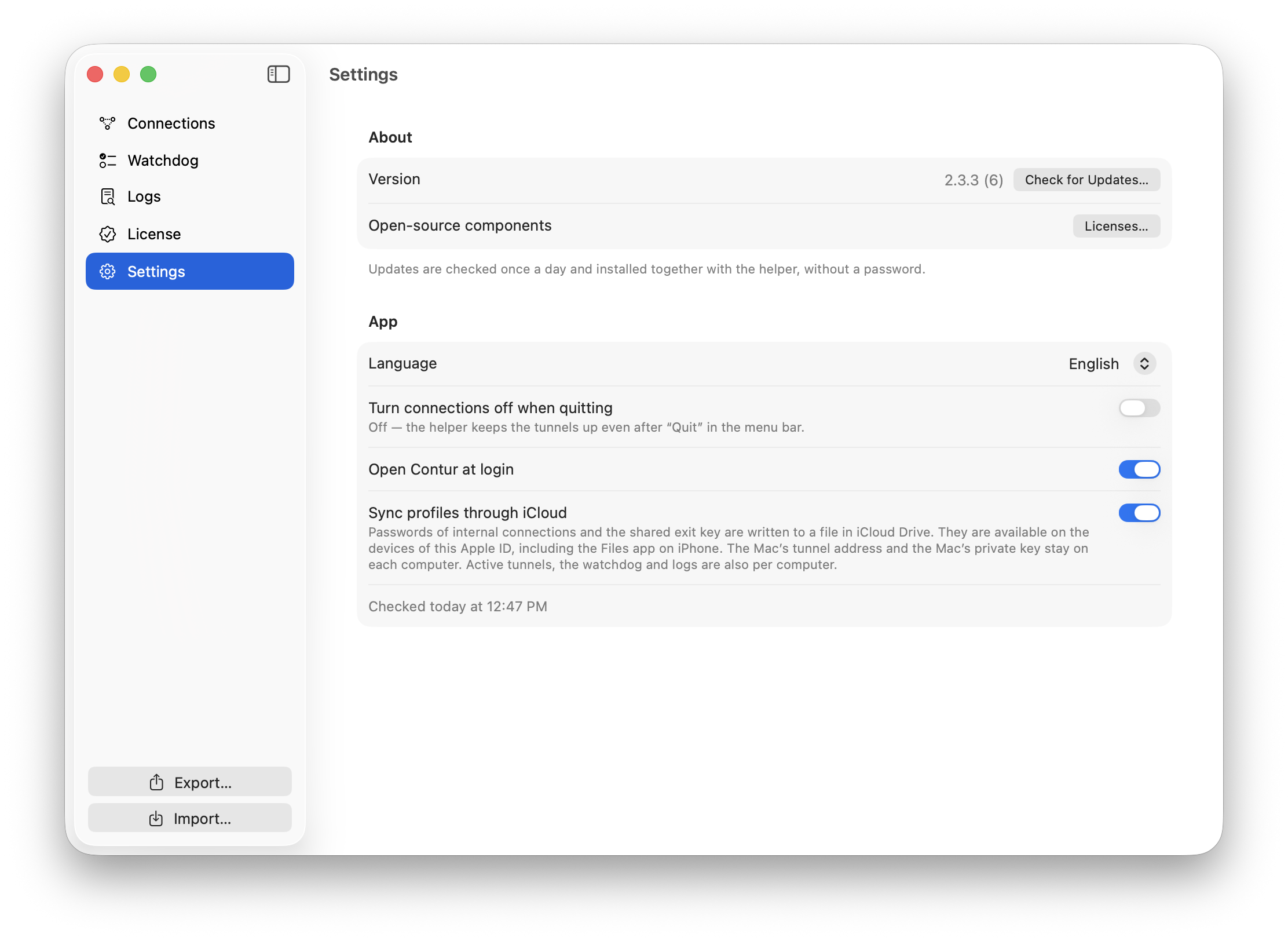 The “Settings” tab: version, updates and iCloud sync