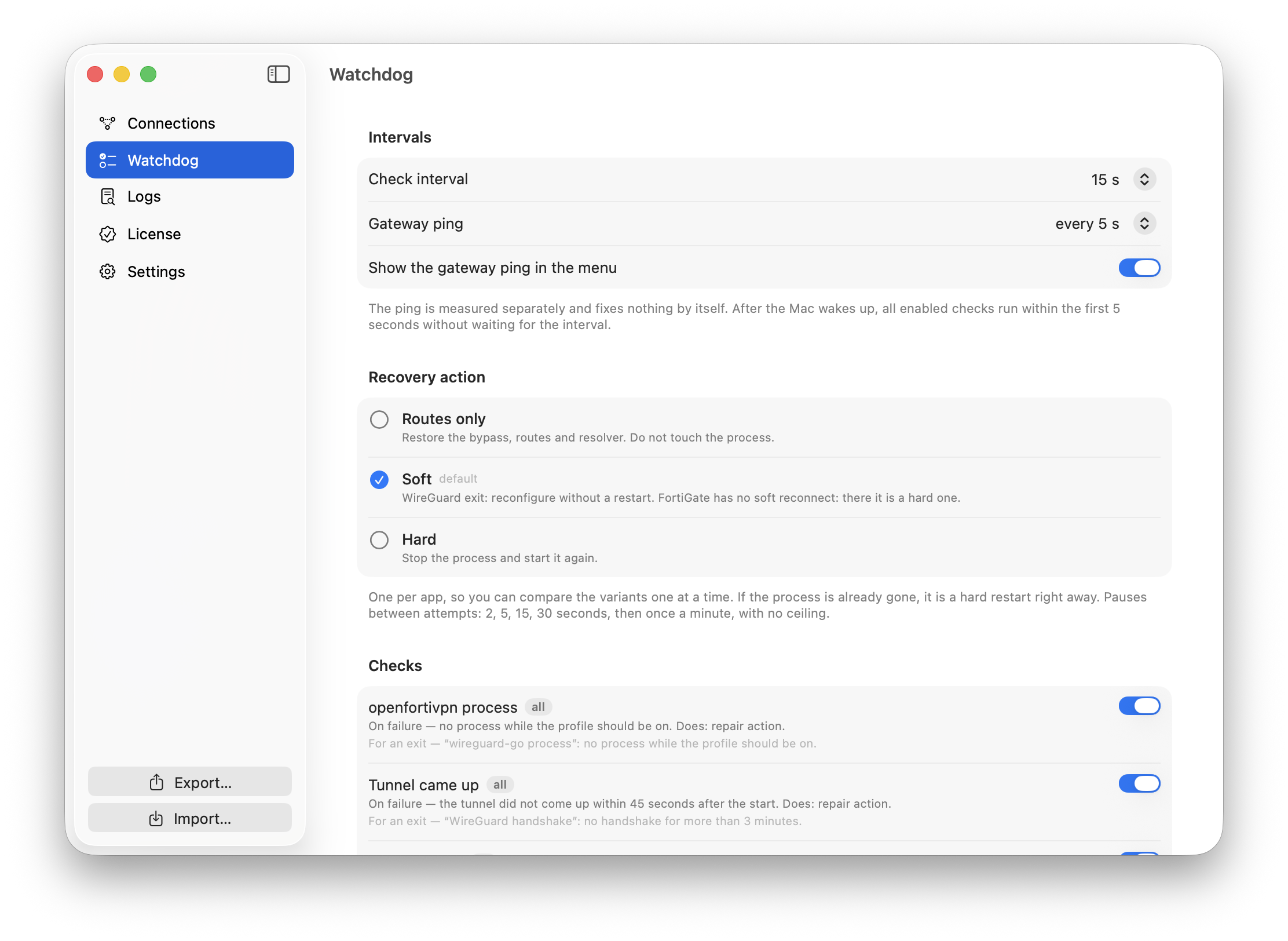 The “Checks & repair” tab: check intervals and the recovery action